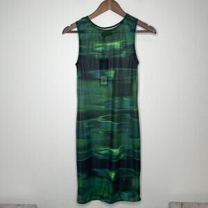 White Fox Sheer Mesh Green Abstract Mini Sleeveless Bodycon Dress Large NWT